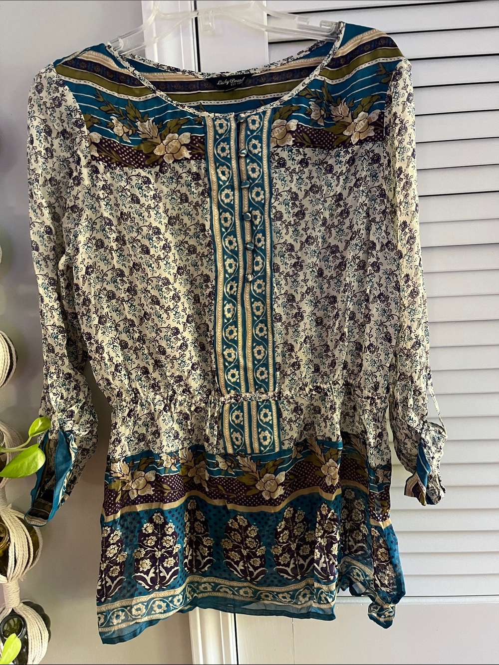 Lucky Brand Teal & Cream Printed Boho Top
